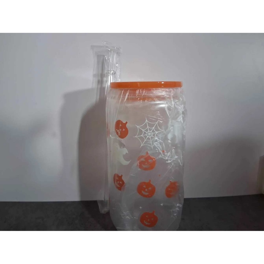 Halloween Glass Can‎ Tumbler with Lid and Straw Pumpkin Ghost Spider Web Design